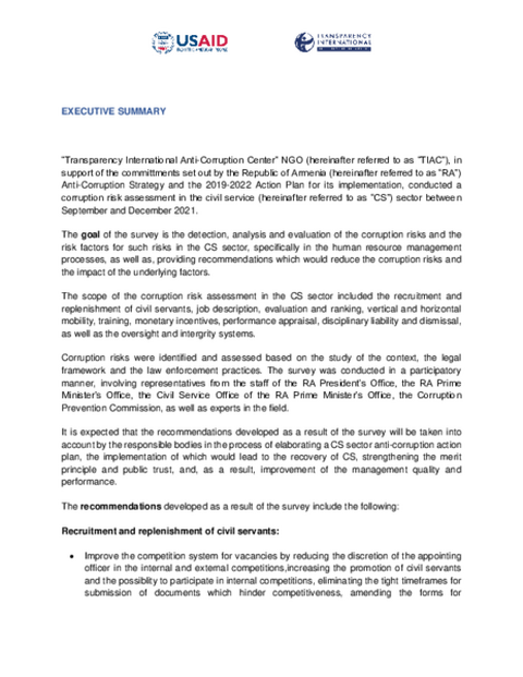Corruption Risk Assessment of Human Resource Management Processes of Civil Service